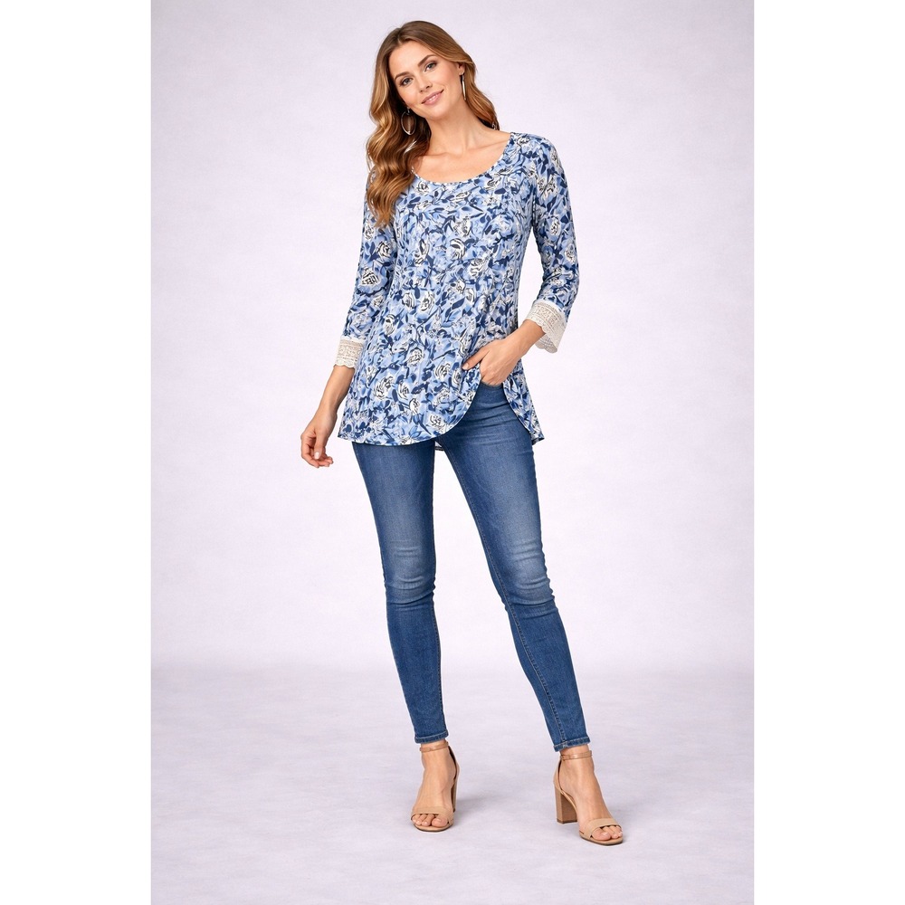 Woman Within 14/16 M Floral Top 3/4 Sleeve‎ Lace Trim Blue Boho Casual Blouse